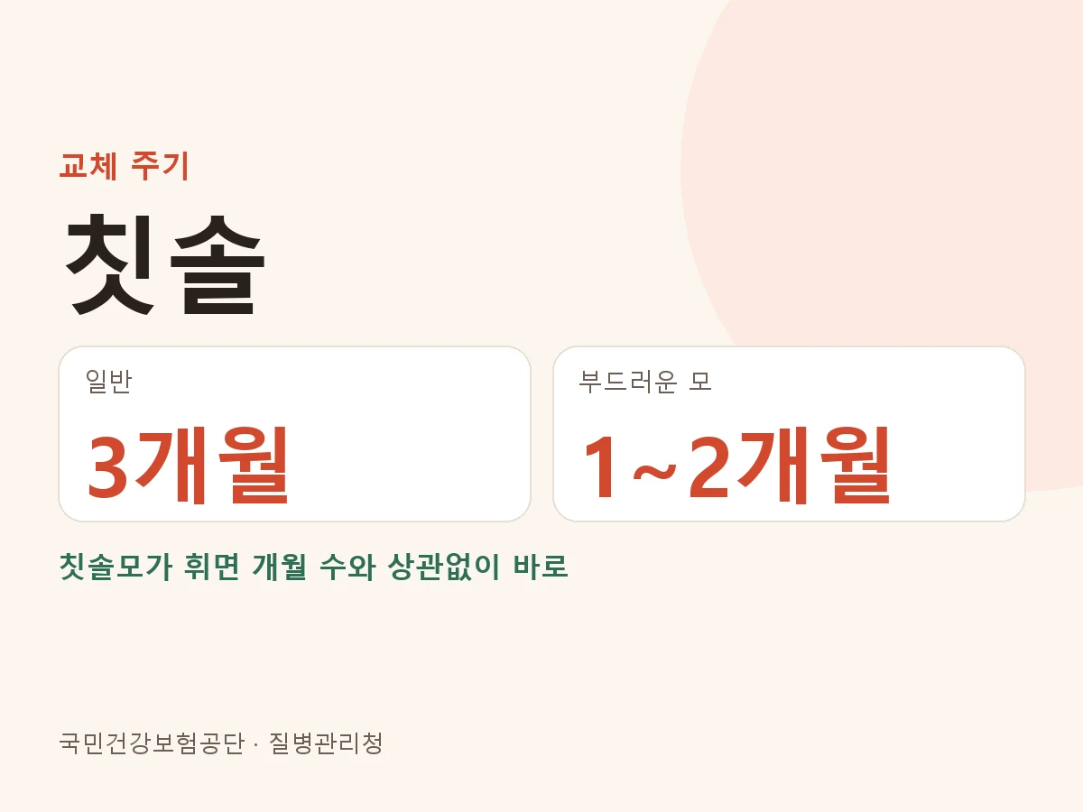 칫솔 교체 주기 3개월, 부드러운 칫솔모는 1~2개월, 모가 휘면 바로 교체